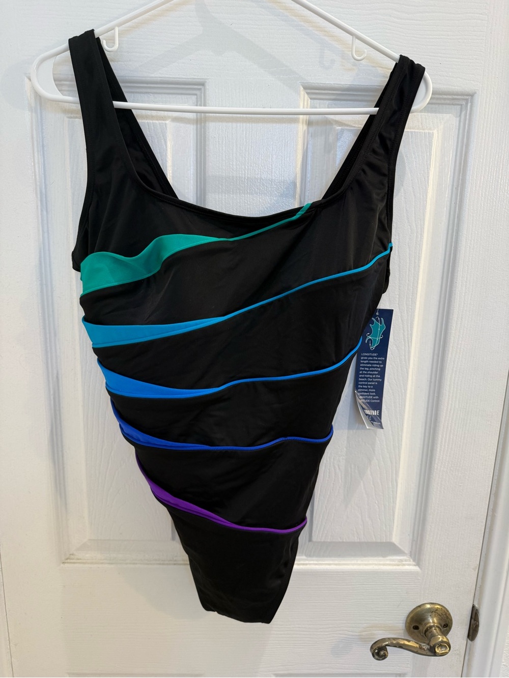 NWT Size 14 Longitude Women’s Black One-Piece Swimsuit with Multi-Color Stripes